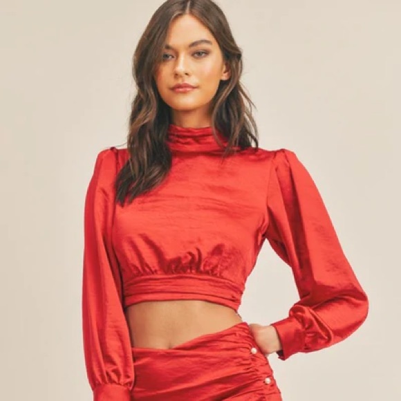 Red Satin Puff Sleeve Top & Skirt Set - Picture 6 of 9